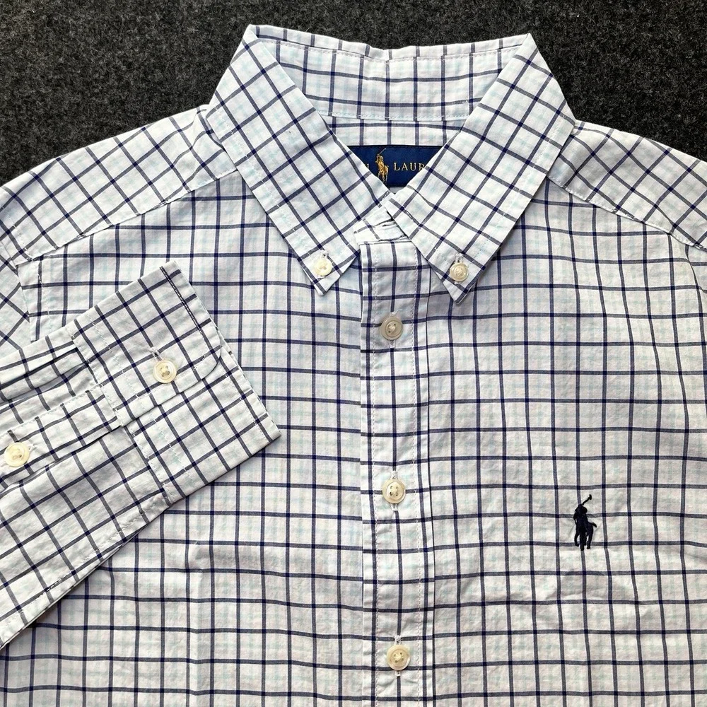 Ralph Lauren Natural Stretch Blue Check Long Sleeve Button Shirt Boys‎ M 10/12